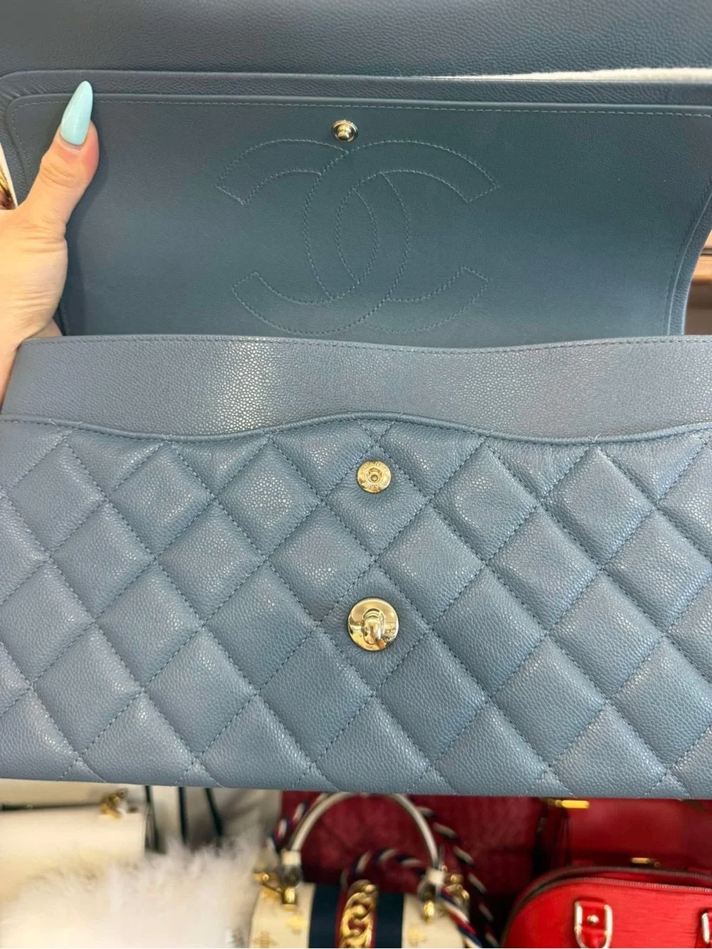 CHANEL Blue Quilted Caviar Double Flap Shoulder Bag with Gold Hardware
